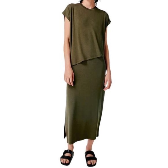 Sweaty Betty Dresses & Skirts - Sweaty Betty Layered Jersey Stretch Midi Olive Green Dress | Size Small